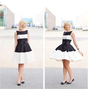 Kate Spade Gayle Black & cream Wide Stripe Pockets Side Zip Fit & Flare Dress